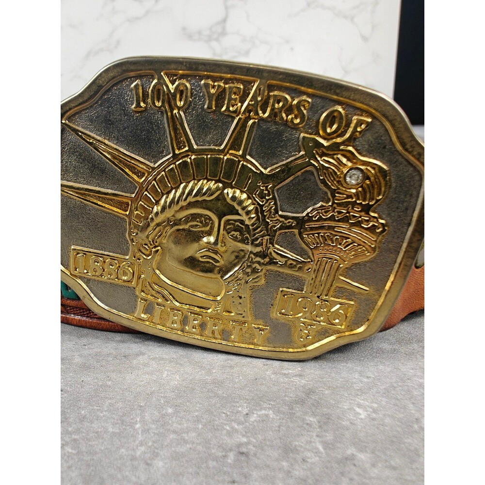 Vintage Tooled Leather Western Belt 34" W/ Statue Of Liberty Centennial Buckle - Picture 2 of 9
